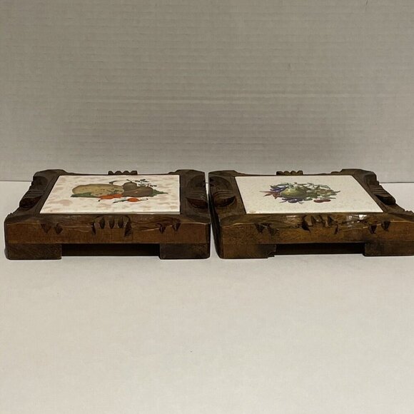 Vintage Dal-Tile Mexico Trivets Set of 2 Hand Carved Wood Frames Kitchen Fruit - Picture 5 of 10
